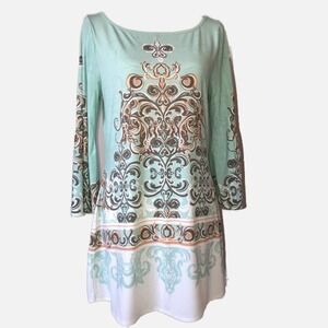 GILI Tunic Top Dress Bell Sleeves Green White Gray Print